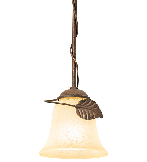 Meyda Lighting Leaf 6" Antique Rust Mini Pendant Light With Beige Bell Shade Glass