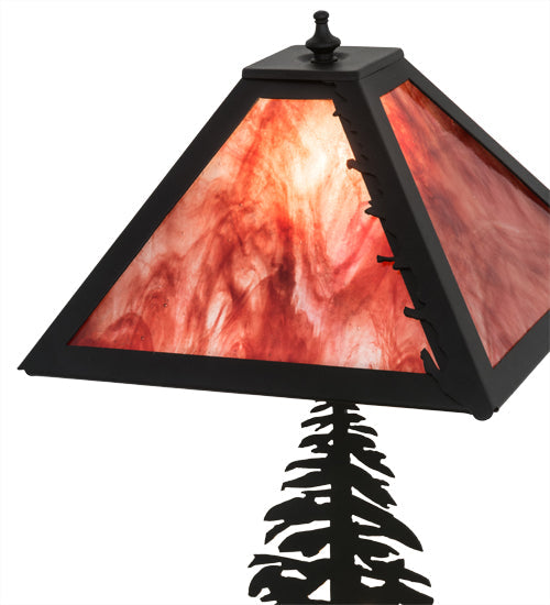 Meyda Lighting Leaf Edge 22" 2-Light Textured Black Tall Pines Table Lamp With Red Shade Glass and Lighted Base