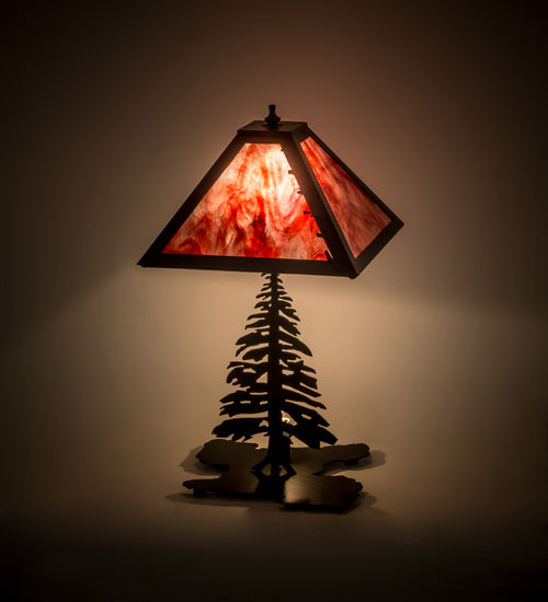 Meyda Lighting Leaf Edge 22" 2-Light Textured Black Tall Pines Table Lamp With Red Shade Glass and Lighted Base