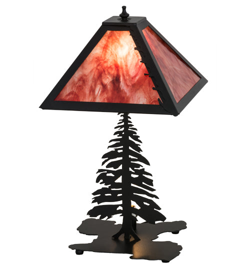 Meyda Lighting Leaf Edge 22" 2-Light Textured Black Tall Pines Table Lamp With Red Shade Glass and Lighted Base