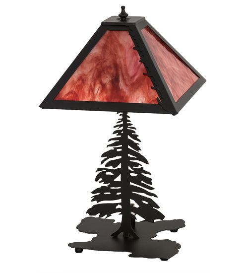 Meyda Lighting Leaf Edge 22" 2-Light Textured Black Tall Pines Table Lamp With Red Shade Glass and Lighted Base