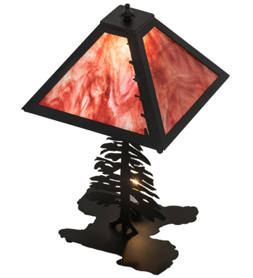 Meyda Lighting Leaf Edge 22" 2-Light Textured Black Tall Pines Table Lamp With Red Shade Glass and Lighted Base