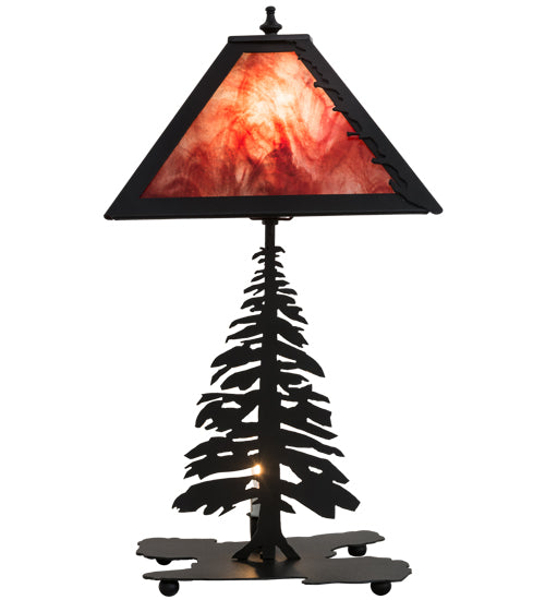 Meyda Lighting Leaf Edge 22" 2-Light Textured Black Tall Pines Table Lamp With Red Shade Glass and Lighted Base