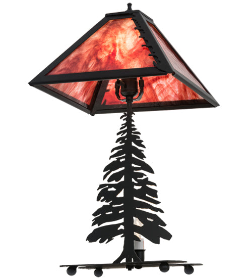 Meyda Lighting Leaf Edge 22" 2-Light Textured Black Tall Pines Table Lamp With Red Shade Glass and Lighted Base