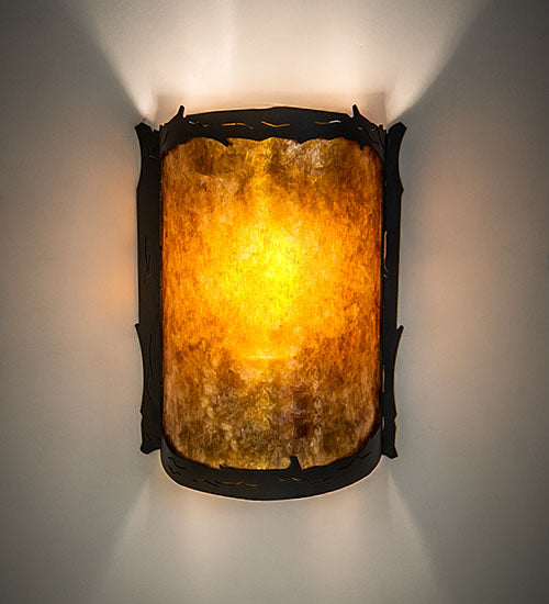 Meyda Lighting Leaf Edge 6" Wrought Iron Wall Sconce With Amber Mica Shade Glass