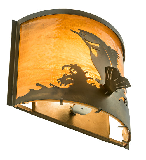 Meyda Lighting Leaping Bass 11" Antique Copper Wall Sconce With Amber Shade Glass