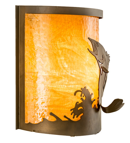 Meyda Lighting Leaping Bass 11" Antique Copper Wall Sconce With Amber Shade Glass