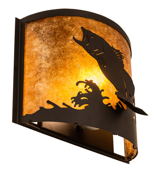 Meyda Lighting Leaping Bass 11" Oil Rubbed Bronze Wall Sconce With Amber Mica Shade Glass