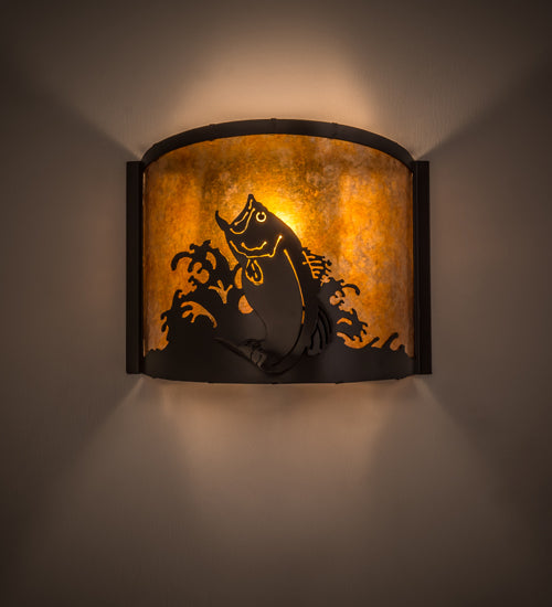 Meyda Lighting Leaping Bass 12" Timeless Bronze Wall Sconce With Amber Mica Shade Glass