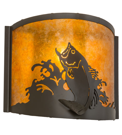 Meyda Lighting Leaping Bass 12" Timeless Bronze Wall Sconce With Amber Mica Shade Glass