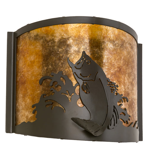 Meyda Lighting Leaping Bass 12" Timeless Bronze Wall Sconce With Amber Mica Shade Glass