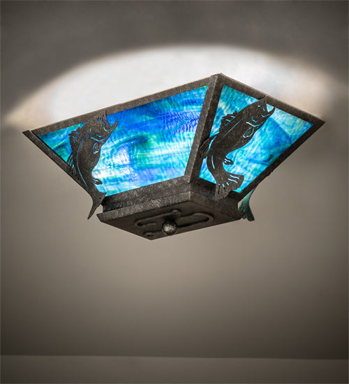 Meyda Lighting Leaping Bass 16" 2-Light Galvanized Semi-flush Mount Light With Blue Green Ripple Art Shade Glass