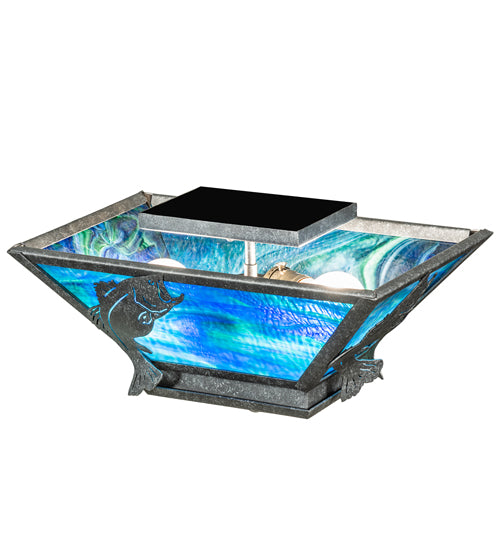 Meyda Lighting Leaping Bass 16" 2-Light Galvanized Semi-flush Mount Light With Blue Green Ripple Art Shade Glass