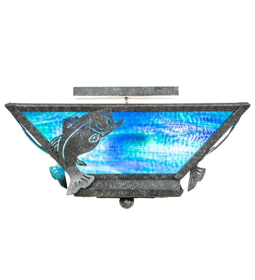 Meyda Lighting Leaping Bass 16" 2-Light Galvanized Semi-flush Mount Light With Blue Green Ripple Art Shade Glass