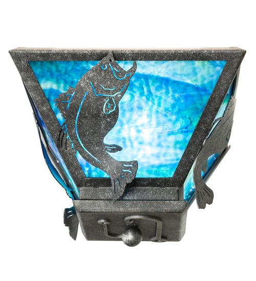 Meyda Lighting Leaping Bass 16" 2-Light Galvanized Semi-flush Mount Light With Blue Green Ripple Art Shade Glass