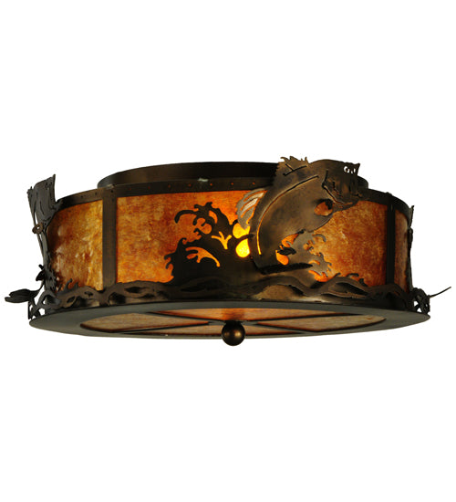 Meyda Lighting Leaping Bass 18" 2-Light Antique Copper Flush Mount Light With Amber Mica Shade Glass