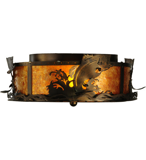 Meyda Lighting Leaping Bass 18" 2-Light Antique Copper Flush Mount Light With Amber Mica Shade Glass