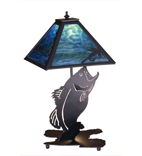 Meyda Lighting Leaping Bass 21" Textured Black Table Lamp With Blue & Green Shade Glass
