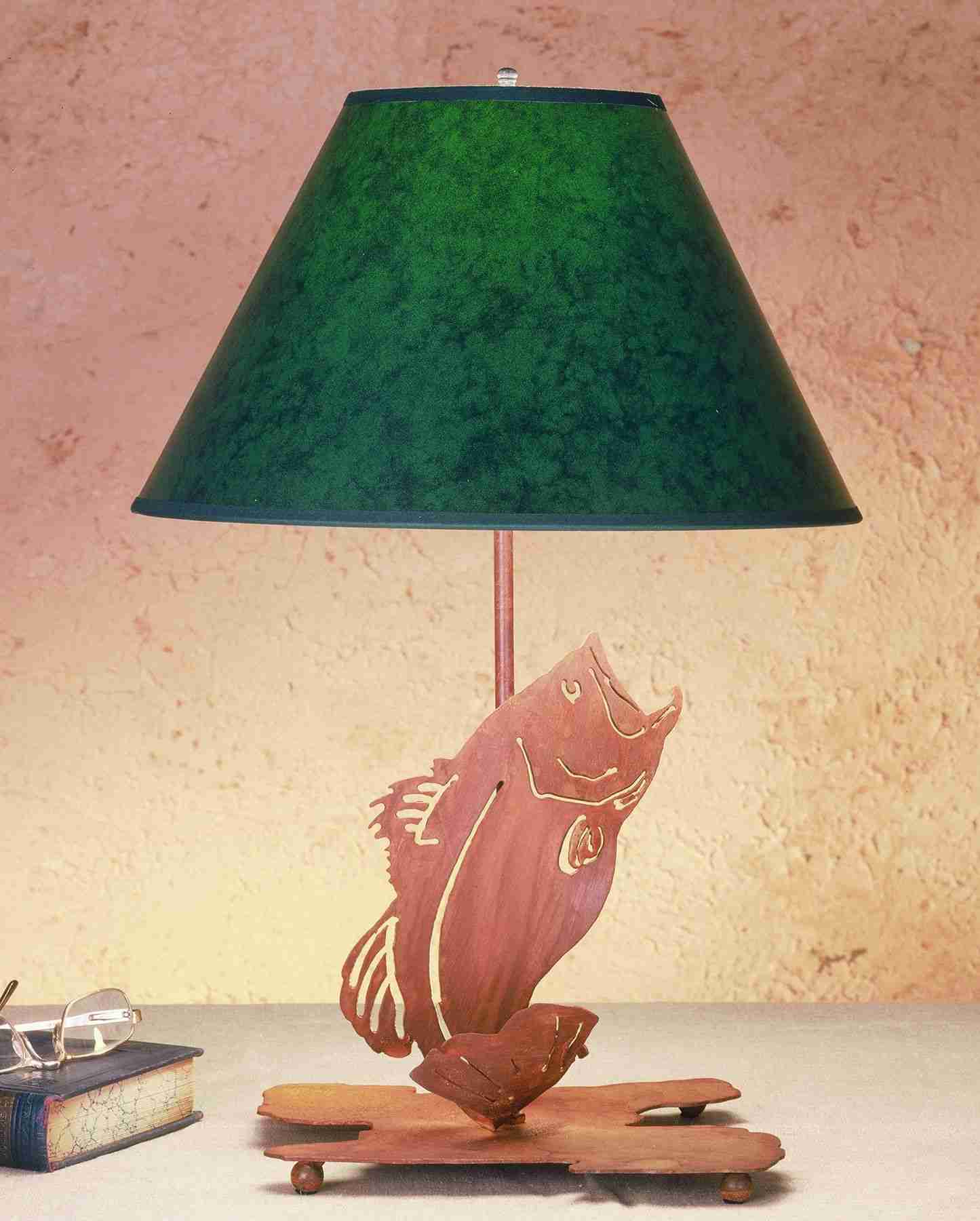 Meyda Lighting Leaping Bass 22" 2-Light Rust Table Lamp With Hunter Green Faux Leather Shade