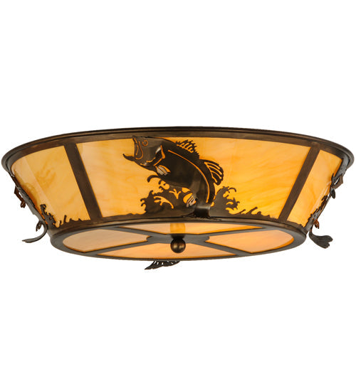 Meyda Lighting Leaping Bass 22" 4-Light Antique Copper Flush Mount Light With Beige Tawnyrock Idalight Shade Glass
