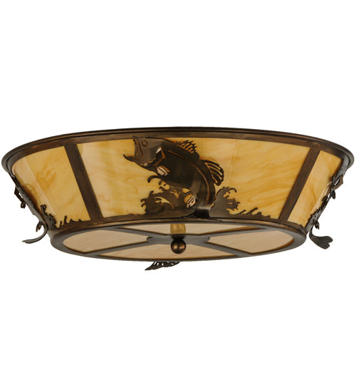 Meyda Lighting Leaping Bass 22" 4-Light Antique Copper Flush Mount Light With Beige Tawnyrock Idalight Shade Glass