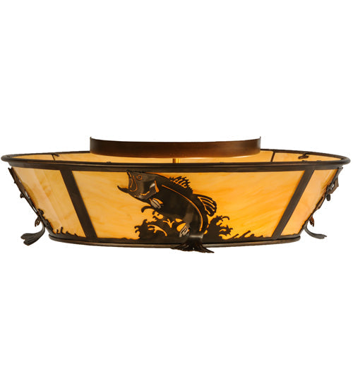 Meyda Lighting Leaping Bass 22" 4-Light Antique Copper Flush Mount Light With Beige Tawnyrock Idalight Shade Glass
