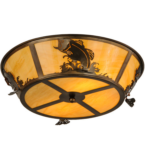 Meyda Lighting Leaping Bass 22" 4-Light Antique Copper Flush Mount Light With Beige Tawnyrock Idalight Shade Glass
