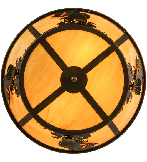 Meyda Lighting Leaping Bass 22" 4-Light Antique Copper Flush Mount Light With Beige Tawnyrock Idalight Shade Glass
