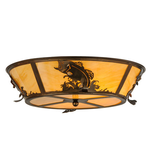 Meyda Lighting Leaping Bass 22" 4-Light Antique Copper Flush Mount Light With Beige Tawnyrock Idalight Shade Glass