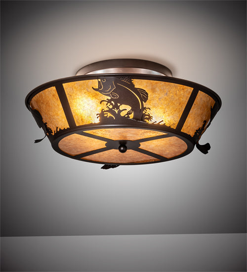 Meyda Lighting Leaping Bass 22" 4-Light Cafe Noir Flush Mount Light With Amber Mica Shade Glass