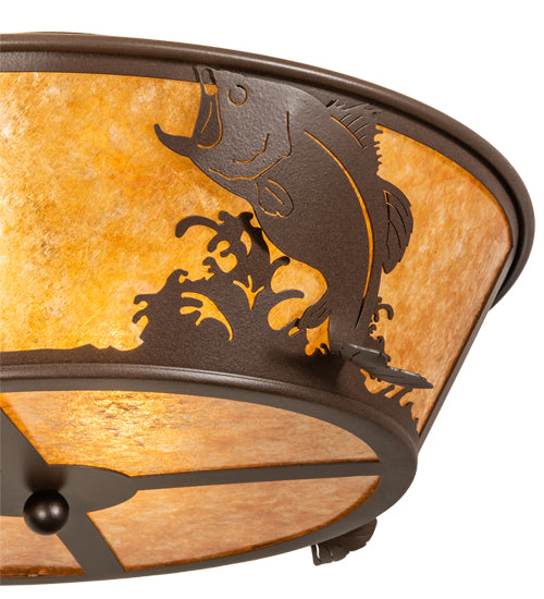 Meyda Lighting Leaping Bass 22" 4-Light Cafe Noir Flush Mount Light With Amber Mica Shade Glass