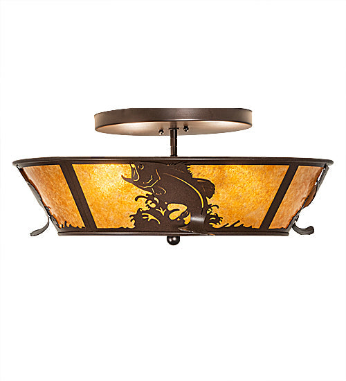 Meyda Lighting Leaping Bass 22" 4-Light Cafe Noir Flush Mount Light With Amber Mica Shade Glass