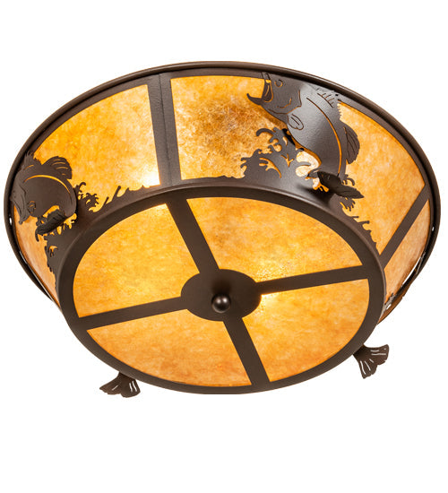 Meyda Lighting Leaping Bass 22" 4-Light Cafe Noir Flush Mount Light With Amber Mica Shade Glass