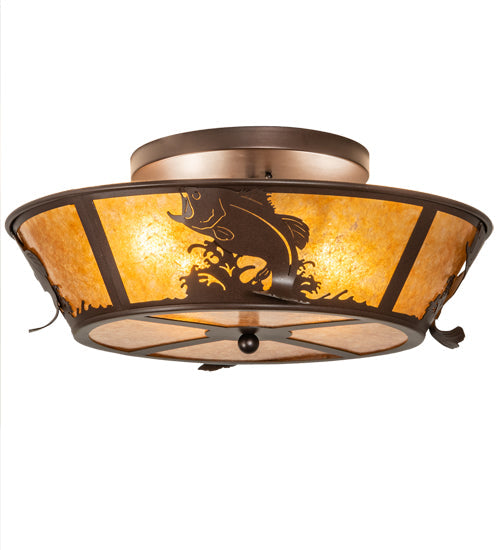Meyda Lighting Leaping Bass 22" 4-Light Cafe Noir Flush Mount Light With Amber Mica Shade Glass