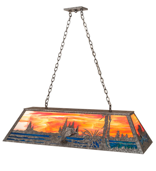 Meyda Lighting Leaping Bass 48" 6-Light Galvinized Island Pendant Light With Orange & Blue Shade Glass