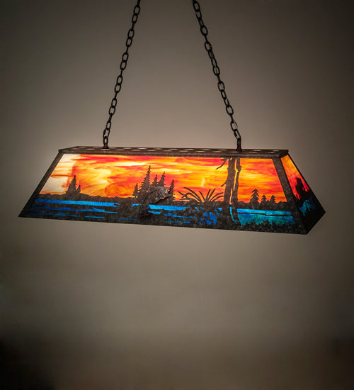 Meyda Lighting Leaping Bass 48" 6-Light Galvinized Island Pendant Light With Orange & Blue Shade Glass