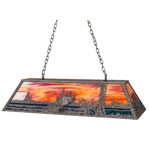 Meyda Lighting Leaping Bass 48" 6-Light Galvinized Island Pendant Light With Orange & Blue Shade Glass