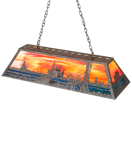 Meyda Lighting Leaping Bass 48" 6-Light Galvinized Island Pendant Light With Orange & Blue Shade Glass