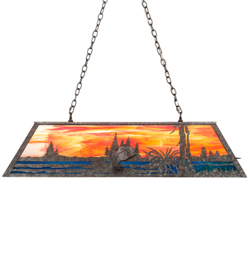 Meyda Lighting Leaping Bass 48" 6-Light Galvinized Island Pendant Light With Orange & Blue Shade Glass