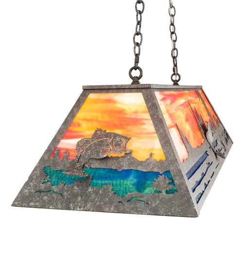Meyda Lighting Leaping Bass 48" 6-Light Galvinized Island Pendant Light With Orange & Blue Shade Glass