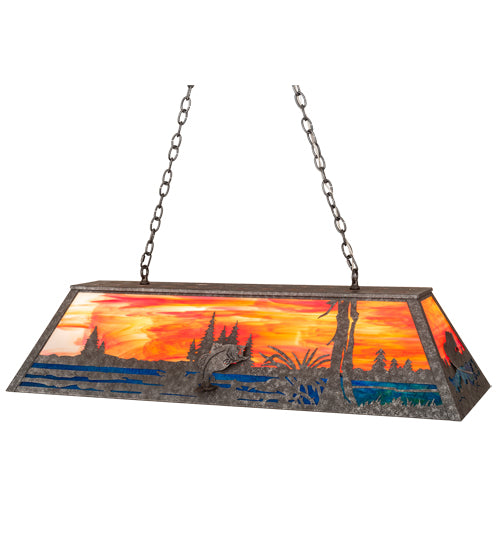 Meyda Lighting Leaping Bass 48" 6-Light Galvinized Island Pendant Light With Orange & Blue Shade Glass