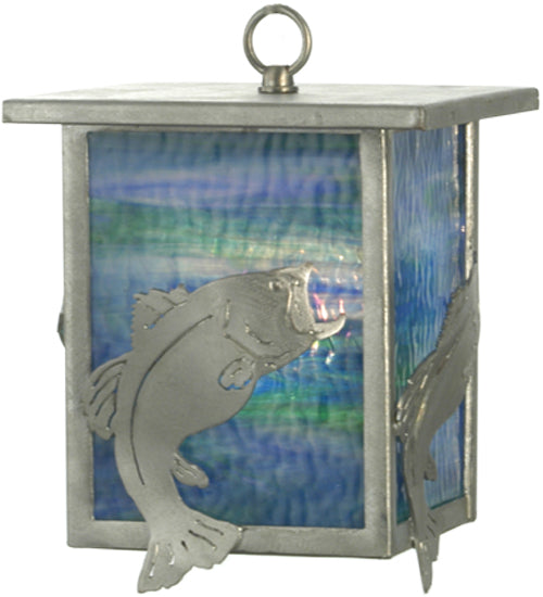 Meyda Lighting Leaping Bass 8"Sq Galvanized Silver Lantern Mini Pendant Light With Blue Green Shade Glass