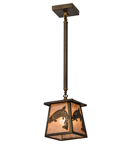 Meyda Lighting Leaping Trout 10" Antique Copper Mini Pendant Light With Silver Mica Shade Glass