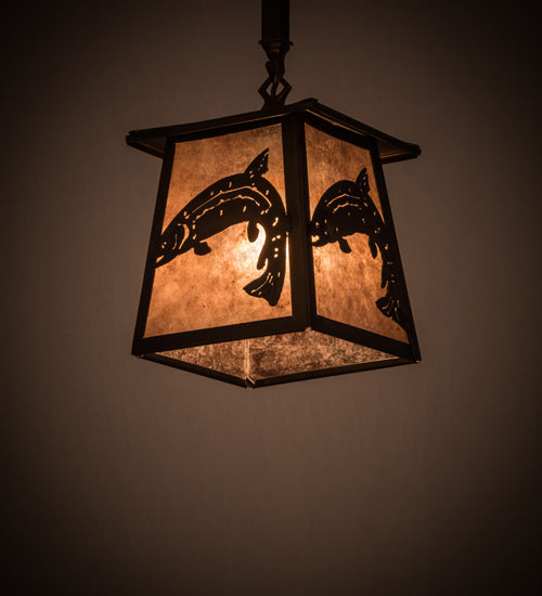 Meyda Lighting Leaping Trout 10" Antique Copper Mini Pendant Light With Silver Mica Shade Glass