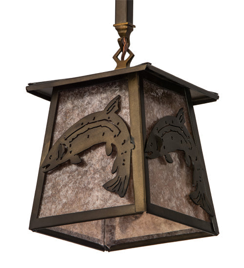 Meyda Lighting Leaping Trout 10" Antique Copper Mini Pendant Light With Silver Mica Shade Glass