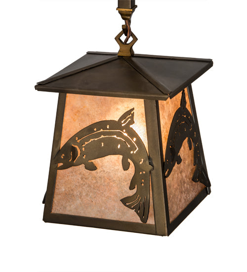 Meyda Lighting Leaping Trout 10" Antique Copper Mini Pendant Light With Silver Mica Shade Glass