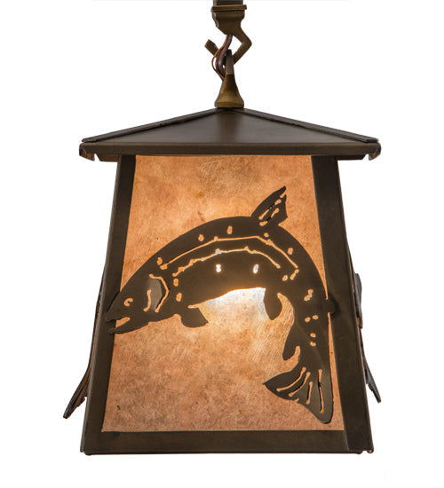 Meyda Lighting Leaping Trout 10" Antique Copper Mini Pendant Light With Silver Mica Shade Glass