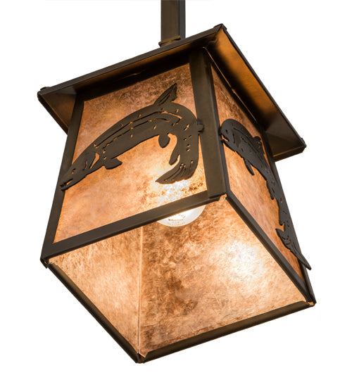 Meyda Lighting Leaping Trout 10" Antique Copper Mini Pendant Light With Silver Mica Shade Glass