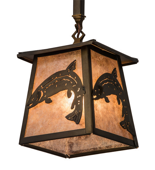 Meyda Lighting Leaping Trout 10" Antique Copper Mini Pendant Light With Silver Mica Shade Glass