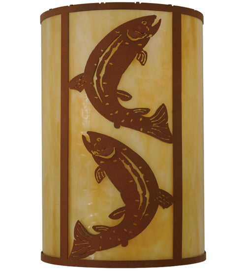 Meyda Lighting Leaping Trout 12" Earth Vanity Light With Beige Art Shade Glass